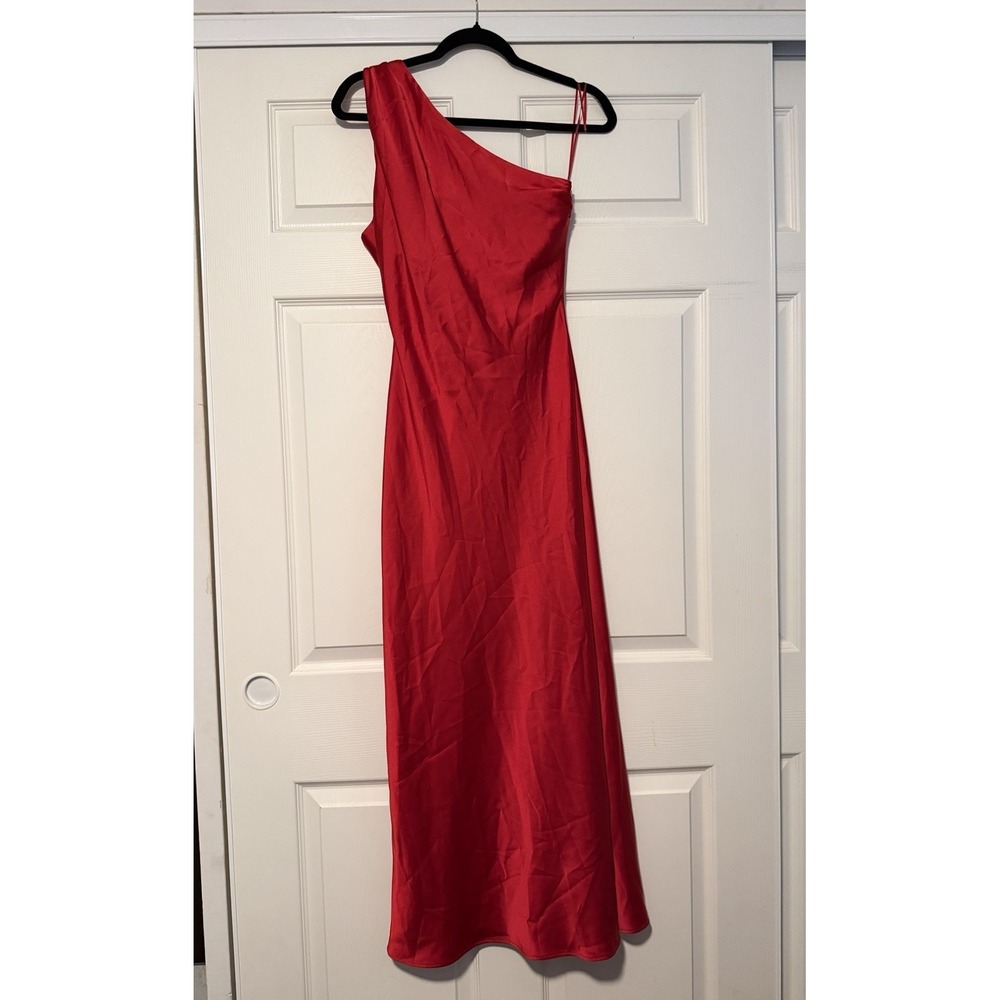 Zara Red Asymmetrical One Shoulder Satin Gown Maxi Dress Formal Cutout Holiday